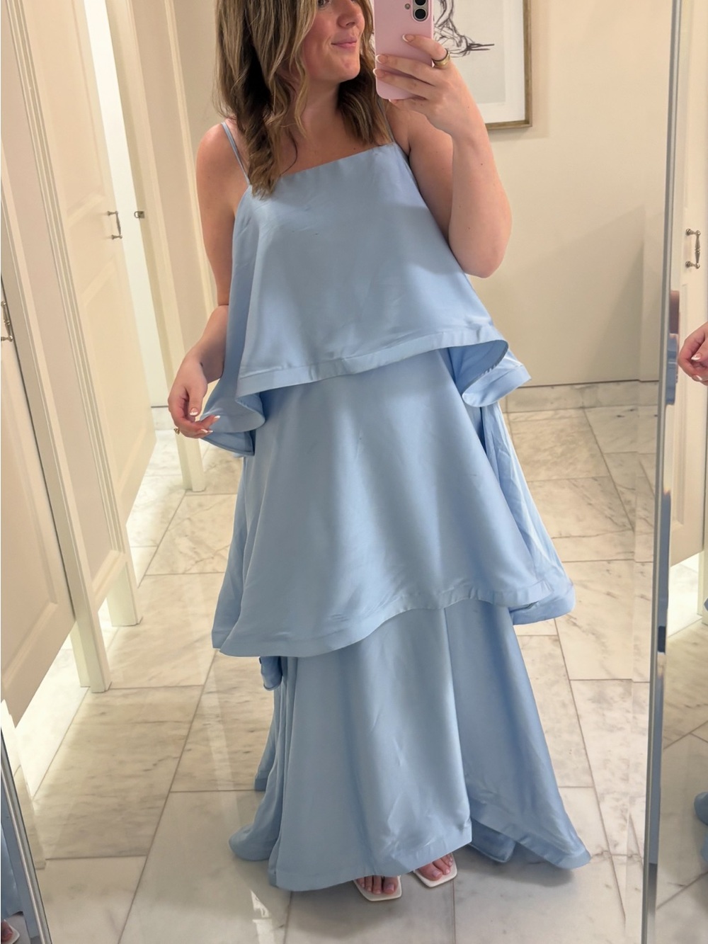 Azazie Powder Blue High-Low Ruched Satin Maxi Dress - Picture 3 of 4